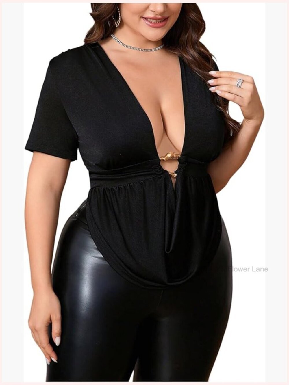 Plus Size Cowl Neck Tee with Metal Detail Short Sleeve Going Out Top